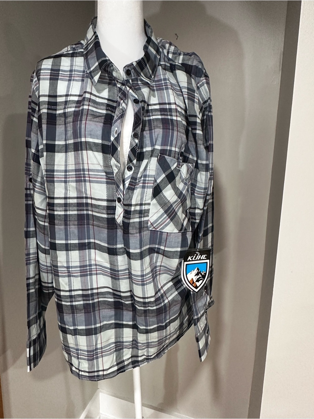 Kuhl Plaid Button-Down Shirt in Black, White, Gray W Spektra